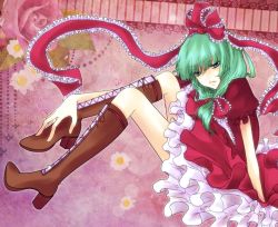 Rule 34 | 1girl, arm support, bad id, bad pixiv id, boots, bow, cross-laced footwear, dress, female focus, frills, front ponytail, green hair, hair bow, high heels, kagiyama hina, knee boots, lace-up boots, lips, long legs, ribbon, rio 666, shoes, sitting, solo, touhou