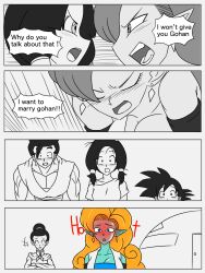 Rule 34 | 2boys, 3girls, blush, breasts, chi-chi (dragon ball), china dress, chinese clothes, cleavage, comic, commentary, confession, curly hair, dome, dougi, dragon ball, dragonball z, dress, earrings, english text, full-face blush, greyscale, hair bun, height difference, highres, jewelry, long hair, medium breasts, monochrome, multiple boys, multiple girls, muscular, muscular male, orange hair, partially colored, pointy ears, son gohan, son goten, user drzw2874, videl, zangya