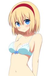 Rule 34 | 1girl, alice margatroid, arm behind back, bare shoulders, blonde hair, blue bow, blue bra, blue eyes, blush, bow, bra, breasts, cleavage, collarbone, commentary request, enushi (toho193), frilled bra, frills, hair between eyes, hairband, highres, looking at viewer, medium breasts, navel, red hairband, short hair, simple background, solo, stomach, touhou, underwear, underwear only, upper body, white background
