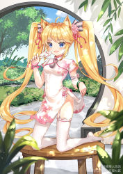 Rule 34 | 1girl, absurdres, andrea doria (warship girls r), animal ears, bamboo, blonde hair, blue eyes, breasts, cat ears, chinese text, full body, hair ornament, hand fan, highres, kneeling, long hair, looking at viewer, no shoes, plant, small breasts, solo, table, thighhighs, traditional chinese text, tree, twintails, warship girls r