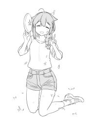 Rule 34 | 1girl, ahoge, alternate costume, braid, casual, closed eyes, commentary request, facing viewer, frisbee, full body, greyscale, hair flaps, hair over shoulder, holding, kantai collection, kneeling, lineart, long hair, monochrome, shigure (kancolle), shorts, single braid, smile, solo, tamu (mad works), v