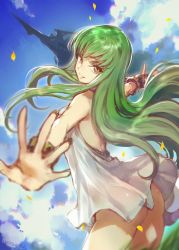 Rule 34 | 1girl, aircraft, airplane, artist name, ass, bare back, bare shoulders, blue sky, bracelet, c.c., cloud, code geass, cosplay, cowboy shot, creayus, day, dress, eyebrows, flying boat, foreshortening, from behind, granblue fantasy, green hair, jewelry, long hair, lyria (granblue fantasy), lyria (granblue fantasy) (cosplay), outstretched arms, palms, parted lips, petals, sidelocks, sketch, sky, sleeveless, sleeveless dress, smile, solo, spread fingers, standing, teeth, thighs, tsurime, twintails, white dress, yellow eyes