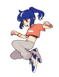 Rule 34 | 1girl, blue hair, chinese commentary, commentary request, crop top, full body, grey pants, highres, long hair, meowzng, midriff, multicolored hair, open mouth, orange shirt, original, pants, ponytail, shirt, shoes, short sleeves, simple background, sneakers, solo, streaked hair, white background, white hair, wristband, yellow wristband
