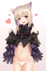 Rule 34 | 1girl, :d, animal ears, black dress, blonde hair, blush, btraphen, cat ears, clothes lift, cowboy shot, dress, dress lift, fang, frilled dress, frills, gradient background, groin, head tilt, heart, highres, lifted by self, long hair, looking at viewer, navel, open mouth, original, panties, red eyes, round teeth, sleeveless, sleeveless dress, smile, solo, standing, stomach, tareme, teeth, underwear, white panties, wing collar
