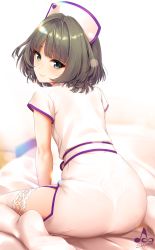 Rule 34 | 1girl, artist name, ass, bed sheet, belt, blue eyes, blush, bra, brown hair, dress, from behind, green eyes, hat, heart, heterochromia, highres, idolmaster, idolmaster cinderella girls, infinote, lace, lace-trimmed legwear, lace trim, lingerie, looking at viewer, looking back, mole, mole under eye, nurse, nurse cap, panties, see-through, short hair, sitting, smile, solo, takagaki kaede, thighhighs, underwear, wariza, white bra, white dress, white panties, white thighhighs