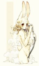 Rule 34 | 1girl, animal ears, bathing, body fur, breasts, rabbit, furry, furry female, holding, large breasts, looking at viewer, navel, no bangs, nude, rabbit ears, red eyes, shower head, solo, steam, wet, white hair