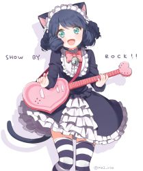 Rule 34 | 10s, 1girl, :d, animal ears, aqua eyes, bad id, bad pixiv id, bell, black hair, blush, cat ears, cat tail, copyright name, curly hair, cyan (show by rock!!), dress, gothic lolita, guitar, heart guitar, instrument, lolita fashion, long sleeves, looking at viewer, marin (myuy 3), open mouth, plectrum, short hair, show by rock!!, smile, solo, strawberry heart (show by rock!!), striped clothes, striped thighhighs, tail, thighhighs, twitter username