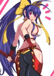 Rule 34 | 1girl, absurdres, antenna hair, ass, bare back, bare shoulders, blazblue, blazblue: central fiction, blazblue variable heart, bow, breasts, cho hakudaku, cowboy shot, fingerless gloves, genderswap, genderswap (mtf), gloves, hair between eyes, hair bow, halterneck, hand on own hip, highres, hip vent, holding, holding weapon, large breasts, long hair, looking at viewer, looking back, mai natsume, midriff, no bra, open mouth, ponytail, red gloves, shiny clothes, shiny skin, sideboob, sidelocks, solo, very long hair, weapon, yellow bow