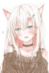 Rule 34 | 1girl, animal ear fluff, animal ears, blush, breasts, cat ears, collar, earrings, extra ears, fang, fish hair ornament, hair ornament, heterochromia, highres, hiro (hirohiro31), jewelry, long hair, looking at viewer, medium breasts, open mouth, original, skin fang, solo, upper body, white background, white hair