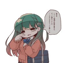 Rule 34 | 1girl, aqua hair, bag, bloom2425, blue bow, blue bowtie, bow, bowtie, cardigan, closed eyes, commentary request, hair ornament, hairclip, kantai collection, long hair, official alternate costume, pink cardigan, school bag, school uniform, solo, suzuya (kancolle), tears, translation request, upper body, white background