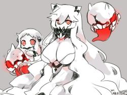 Rule 34 | 10s, 2girls, abyssal ship, breasts, cleavage, colored skin, high collar, holding, horns, huge breasts, kantai collection, long hair, looking at viewer, midway princess, mittens, multiple girls, northern ocean princess, pale skin, sweat, teeth, tongue, tongue out, white hair, white mittens, white skin, yuzuki gao