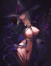 Rule 34 | 1girl, adjusting clothes, adjusting headwear, black cape, black gloves, breasts, cape, chain, gem, gloves, grey hair, hat, highres, hmo11796521, large breasts, long hair, looking at viewer, naked cape, navel, nipples, original, puffy nipples, purple eyes, revealing clothes, solo, spikes, staff, witch, witch hat