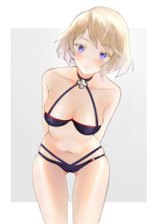 Rule 34 | 1girl, absurdres, azur lane, bare legs, bikini, blonde hair, blue bikini, blue eyes, blush, breasts, cl (summer sama), cross, cross necklace, highres, jewelry, leaning forward, legs, looking at viewer, medium breasts, navel, necklace, short hair, simple background, smile, solo, stomach, swimsuit, thighs, z23 (azur lane), z23 (breezy doubles) (azur lane)