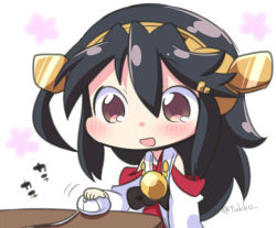 Rule 34 | 10s, 1girl, :d, black hair, chibi, detached sleeves, hair ornament, hairclip, haruna (kancolle), headgear, kantai collection, long hair, mouse (computer), nontraditional miko, open mouth, simple background, smile, solo, tsukko (3ki2ne10), twitter username, white background, wide sleeves
