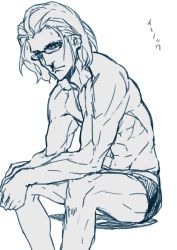 Rule 34 | 1boy, character name, el shaddai, elbows on knees, enoch, glasses, long hair, looking at viewer, male focus, monochrome, muscular, own hands together, shorts, sitting, sketch, solo, thupoppo, topless male, white background