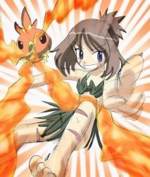 Rule 34 | 1girl, armpits, artist request, barefoot, blue eyes, bodypaint, brown hair, child, clenched hands, clenched teeth, collarbone, convenient leg, creatures (company), emphasis lines, eyelashes, fangs, feet, female focus, fingernails, fire, flat chest, game freak, gen 3 pokemon, grass skirt, happy, high ponytail, index finger raised, jumping, knee up, leaf bikini, legs, looking at viewer, may (pokemon), medium hair, midriff, nature, navel, neck, nintendo, no bra, no panties, open mouth, outdoors, outstretched arm, outstretched arms, outstretched hand, plant, pointing, pointing at viewer, pokemon, pokemon (creature), pokemon adventures, ponytail, scratches, sharp fingernails, sharp toenails, short ponytail, side bangs, sidelocks, smile, soles, source request, spread arms, spread legs, teeth, thighs, toenails, toes, torchic