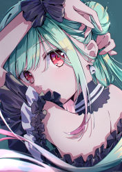 Rule 34 | 1girl, absurdres, arms behind head, arms up, bare shoulders, choker, colored tips, daidai (daidai826), dress, ear piercing, earrings, frilled dress, frills, green hair, hair bun, highres, hololive, jewelry, light blush, long hair, looking at viewer, looking back, multicolored hair, nape, piercing, red eyes, skull earrings, solo, uruha rushia, uruha rushia (3rd costume), virtual youtuber, wrist bow