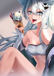 Rule 34 | 1girl, absurdres, animal ears, arknights, bandeau, breasts, cleavage, fangs, food, gloves, grey bandeau, grey gloves, grey hair, hair between eyes, hair ornament, hairclip, highres, holding, holding food, holding ice cream cone, ice cream cone, jacket, knee up, lappland (arknights), long hair, looking at viewer, navel, off shoulder, open clothes, open jacket, open mouth, scar, scar across eye, shengyuan 03, sitting, small breasts, solo, stomach, strapless, tongue, tongue out, tube top, wolf ears, wolf girl