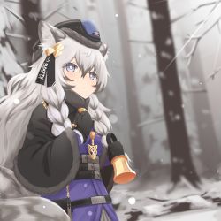 Rule 34 | 1girl, absurdres, animal ears, arknights, bell, belt, black capelet, black gloves, blue hat, blurry, blurry background, braid, bright pupils, capelet, closed mouth, depth of field, dress, forest, fur-trimmed capelet, fur trim, gloves, grey eyes, grey hair, hand up, hat, highres, holding, holding bell, klaius, long hair, nature, official alternate costume, pramanix (arknights), pramanix (caster&#039;s frost) (arknights), purple dress, side braids, solo, tree, white pupils