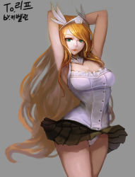Rule 34 | 00s, 1girl, absurdres, armpits, arms behind head, arms up, bad id, bad pixiv id, blonde hair, breasts, circlet, cleavage, dungeon and fighter, green eyes, grey background, highres, lips, long hair, looking at viewer, simple background, solo, standing, thighs, translation request, very long hair, zlfnrk