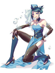 Rule 34 | 1girl, absurdres, bare shoulders, beret, black gloves, black thighhighs, blue dress, blue hair, boots, creatures (company), detached collar, dress, earrings, ebippoid, elbow gloves, full body, game freak, gen 1 pokemon, gloves, hair bun, hair ornament, hairclip, hand on own hip, hand on own knee, hat, high heel boots, high heels, highres, jewelry, knee boots, looking at viewer, nintendo, on one knee, personification, pokemon, purple eyes, side slit, simple background, sleeveless, sleeveless dress, solo, teeth, thigh strap, thighhighs, vaporeon, veil, water drop, white background