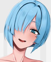 Rule 34 | 1girl, :d, blue eyes, blue hair, blush, bob cut, commentary request, commission, copyright request, doko tetora, hair over one eye, head tilt, looking at viewer, one eye covered, open mouth, portrait, short hair, skeb commission, smile, sweat