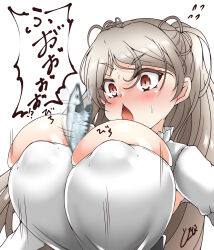 Rule 34 | armpit cutout, between breasts, blush, breasts, brown eyes, cleavage, cleavage cutout, clothing cutout, conte di cavour (kancolle), corset, covered erect nipples, dress, fish, frilled dress, frills, grey dress, grey hair, highres, impossible clothes, kantai collection, large breasts, layered dress, long sleeves, saury, simple background, speech bubble, surprised, sweatdrop, tokiziku, two-tone dress, two side up, upper body, white background, white dress