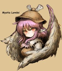 Rule 34 | 1girl, animal ears, azumaya toushirou, bad id, bad pixiv id, brown background, character name, hat, looking at viewer, mystia lorelei, pink hair, red eyes, short hair, solo, touhou, upper body, wings