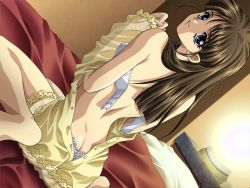 Rule 34 | 1girl, back, bed, bra, carnelian, dress, dutch angle, kashiwagi akane, lace, lace-trimmed panties, lace trim, lingerie, long hair, looking back, nightgown, open bra, open clothes, open dress, panties, re leaf, sitting, solo, underwear, undressing, white bra, white panties, yellow nightgown