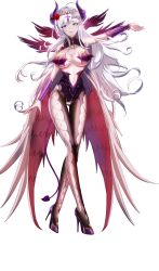 Rule 34 | 1girl, absurdres, alternate costume, azur lane, belfast (azur lane), breasts, brown pantyhose, brown thighhighs, cross hair ornament, demon girl, demon horns, demon tail, detached sleeves, feathered wings, flower, full body, gosama, hair flower, hair ornament, high heels, highres, horns, large breasts, long hair, looking at viewer, multiple wings, outstretched arm, pantyhose, purple footwear, red flower, shoes, simple background, solo, stiletto heels, tail, thighhighs, transparent background, white background, white hair, wings