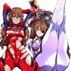 Rule 34 | 1girl, ass, blue eyes, bodysuit, breasts, cleavage, commentary request, dual persona, eva 02, eva 02 alpha, evangelion: 3.0+1.0 thrice upon a time, evangelion (mecha), eyepatch, feet out of frame, gluteal fold, green eyes, hair over one eye, hairpods, interface headset, kamisimo 90, legs, legs up, long hair, long legs, looking at viewer, mecha, medium breasts, multicolored bodysuit, multicolored clothes, multiple girls, multiple views, neon genesis evangelion, orange bodysuit, orange hair, pilot suit, plugsuit, rebuild of evangelion, red bodysuit, revision, robot, science fiction, souryuu asuka langley, thigh gap, torn bodysuit, torn clothes, wardrobe malfunction, white bodysuit