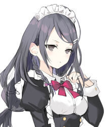 Rule 34 | 1girl, artist request, black eyes, black hair, bow, bowtie, braid, breasts, closed mouth, commentary request, frown, hair ornament, hair tie, hairclip, hand up, highres, kimishima ayano, light blush, long hair, maid, maid headdress, red bow, red bowtie, simple background, sketch, solo, tokidoki bosotto roshia-go de dereru tonari no arya-san, white background, wing collar