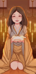Rule 34 | 1girl, breasts, brown hair, cupping hands, divine child of rejuvenation, full body, happy, highres, japanese clothes, kimono, kneeling, long hair, long sleeves, looking at viewer, open mouth, own hands together, parted bangs, reaching, reaching towards viewer, rice, sekiro: shadows die twice, sitting, smile, solo, wide sleeves