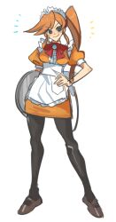 Rule 34 | &gt;:), 1girl, ace attorney, apron, athena cykes, back bow, black pantyhose, blue eyes, blush, bow, bowtie, brown footwear, center frills, closed mouth, collared dress, crescent, crescent earrings, dress, earrings, frilled apron, frills, hand on own hip, holding, holding tray, jewelry, kaburiburi, legs apart, long hair, looking at viewer, maid, maid apron, maid headdress, mary janes, orange dress, orange hair, pantyhose, pocket, puffy short sleeves, puffy sleeves, red bow, red bowtie, shoes, short dress, short sleeves, side ponytail, sidelocks, simple background, smile, solo, standing, swept bangs, tray, tres bien maid uniform, v-shaped eyebrows, very long hair, white apron, white background