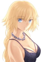 Rule 34 | 1girl, bare shoulders, blonde hair, blue eyes, braid, breasts, chain, cleavage, collarbone, eyes visible through hair, fate/apocrypha, fate (series), fumika asano, highres, jeanne d&#039;arc (fate), jeanne d&#039;arc (ruler) (fate), large breasts, long hair, looking at viewer, parted lips, simple background, single braid, solo, very long hair, white background