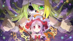 Rule 34 | 2girls, absurdres, alina gray, alina gray (halloween ver.), bandaged arm, bandages, bare shoulders, blonde hair, choker, dress, floating hair, frills, gloves, green eyes, green hair, halloween, halloween costume, hat, highres, long hair, magia record: mahou shoujo madoka magica gaiden, magical girl, mahou shoujo madoka magica, mask, mask over one eye, megitti, misono karin, misono karin (halloween ver.), multicolored clothes, multiple girls, official alternate costume, open mouth, pink hair, red eyes, skull mask, smile, star (symbol)