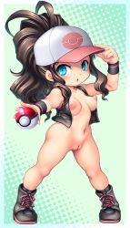 Rule 34 | 1girl, :d, bag, baseball cap, black vest, blue eyes, blush, boots, bottomless, brown hair, chabo (fuketsudan), chibi, cleft of venus, creatures (company), eyelashes, fat mons, game freak, hat, high ponytail, highres, hilda (pokemon), holding, holding poke ball, long hair, looking at viewer, nintendo, open mouth, poke ball, poke ball (basic), pokemon, pokemon bw, pussy, sidelocks, sleeveless, smile, solo, standing, tongue, vest, wristband