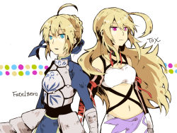 Rule 34 | 2girls, ahoge, armor, artoria pendragon (fate), bad id, bad pixiv id, blonde hair, blue eyes, braid, breasts, copyright name, crossover, fate/stay night, fate (series), gloves, hair ribbon, hair up, long hair, look-alike, midriff, milla maxwell, multiple girls, navel, red eyes, ribbon, saber (fate), shirt, short hair, sketch, skirt, strapless, tales of (series), tales of xillia, taut clothes, taut shirt, tube top, waltz (tram)