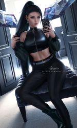 Rule 34 | abs, ass, bench, black hair, black pants, black top, boots, breasts, carpet, cellphone, combat boots, crop top, crystal, door, drone, earrings, hairband, holding, holding phone, holographic belt, holographic clothing, jacket, jacket partially removed, jewelry, k/da (league of legends), kai&#039;sa, league of legends, leather, leather pants, nail polish, official alternate costume, pants, phone, photo background, ponytail, purple eyes, purple nails, selfie, sitting, smartphone, solo, stomach, taking picture, the baddest kai&#039;sa, tight clothes, tight pants, wickellia, zipper