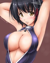 Rule 34 | 10s, 1girl, akatsuki akane, armpits, arms up, black hair, blush, breasts, brown eyes, female focus, front zipper swimsuit, grey background, haguro (kancolle), hair ornament, kantai collection, large breasts, meme attire, one-piece swimsuit, open mouth, parted lips, short hair, simple background, solo, swimsuit, tareme, tears