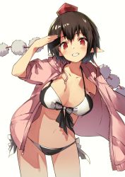 Rule 34 | 1girl, bikini, bikini under clothes, black bikini, blush, breasts, brown hair, contrapposto, cowboy shot, hair between eyes, halterneck, hat, highres, hood, hoodie, large breasts, multicolored bikini, multicolored clothes, navel, nuqura, pink hoodie, pointy ears, pom pom (clothes), red eyes, salute, shameimaru aya, short hair, side-tie bikini bottom, simple background, sleeves rolled up, smile, solo, standing, stomach, swimsuit, swimsuit under clothes, thighs, tokin hat, touhou, white background, white bikini