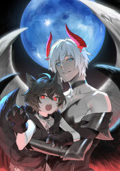 Rule 34 | 2boys, aged down, ahoge, angry, animal ears, armor, bishounen, blue moon, brown hair, chain, chain leash, collar, commentary, commentary request, cowboy shot, demon horns, fangs, feathered wings, furrowed brow, gloves, glowing, glowing eyes, granblue fantasy, hair between eyes, halloween costume, hood, hood down, hoodie, horns, leash, lifting person, lucifer (shingeki no bahamut), male focus, messy hair, moon, multiple boys, open mouth, parted lips, priest, red eyes, sandalphon (granblue fantasy), short hair, sleeveless, sleeveless hoodie, tekki (tki), upper body, white wings, wings, wolf ears, wolf paws
