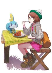 Rule 34 | 1girl, bench, beret, boots, brown eyes, brown hair, cardigan, creatures (company), curry, dress, drinking, drinking straw, eating, food, from side, full body, game freak, gen 8 pokemon, gloria (pokemon), green headwear, grey cardigan, hat, highres, jun (navigavi), long sleeves, looking at viewer, nintendo, open mouth, pink dress, plaid, plate, pokemon, pokemon (creature), pokemon swsh, rice, sausage, short hair, simple background, sitting, smile, sobble, socks, spoon, table, tam o&#039; shanter, white background