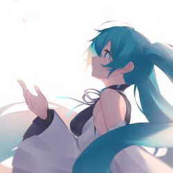 Rule 34 | 1girl, aqua eyes, aqua hair, bare shoulders, closed mouth, detached sleeves, fhang, from side, grey ribbon, hair between eyes, hand up, hatsune miku, long hair, long sleeves, neck ribbon, profile, ribbon, simple background, smile, solo, twintails, upper body, very long hair, vocaloid, white background, wide sleeves