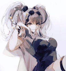 Rule 34 | 1girl, animal ears, arknights, bear ears, feater (arknights), flower, glasses, gradient background, grey background, grey eyes, grey hair, hair flower, hair ornament, looking at viewer, multicolored hair, panda ears, smile, streaked hair, twintails, white background, zichuan (2119589183)