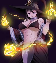 Rule 34 | 1girl, abs, bikini, black hair, breasts, cleavage, en&#039;en no shouboutai, fire, hat, highres, large breasts, maki oze, muscular, muscular female, navel, ponytail, smile, swimsuit, underboob, witch hat