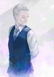 Rule 34 | 1boy, arms behind back, black vest, closed eyes, closed mouth, collared shirt, cowboy shot, grey background, grey hair, grey necktie, hair slicked back, highres, kyuuba melo, long sleeves, necktie, old, old man, shirt, short hair, solo, tokyo ghoul, vest, yoshimura (tokyo ghoul)