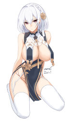 Rule 34 | 1girl, azur lane, bare shoulders, between breasts, braid, breast curtains, breasts, china dress, chinese clothes, cleavage, dated, dress, french braid, full body, garter straps, groin, hair between eyes, hair ornament, highres, kneeling, large breasts, looking at viewer, no panties, no shoes, pelvic curtain, red eyes, revealing clothes, short hair, signature, simple background, sirius (azur lane), sirius (azure horizons) (azur lane), sitting, sleeveless, sleeveless dress, solo, thighhighs, thighs, twitter username, unel, white background, white hair, white thighhighs
