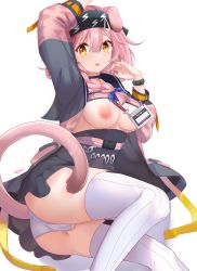 Rule 34 | 1girl, absurdres, animal ears, arknights, arm up, ass, bad id, bad pixiv id, black choker, black coat, black hairband, black skirt, blue ribbon, blush, bracelet, braid, breasts, breasts out, cameltoe, cat ears, cat girl, cat tail, chinese commentary, choker, coat, commentary request, feet out of frame, goldenglow (arknights), hair between eyes, hair ribbon, hairband, high-waist skirt, highres, id card, infection monitor (arknights), jewelry, lightning bolt print, lingshalan, long hair, looking at viewer, lying, nipples, on side, open clothes, open coat, open mouth, pink hair, ribbon, scissors, side braid, signature, simple background, skirt, solo, striped clothes, striped thighhighs, tail, thighhighs, upskirt, vertical-striped clothes, vertical-striped thighhighs, white background, white thighhighs, yellow eyes