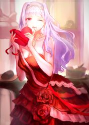 Rule 34 | 1girl, bare shoulders, box, breasts, collarbone, commentary request, dress, earrings, finger to mouth, flower, grey hair, hairband, heart-shaped box, highres, idolmaster, idolmaster (classic), jewelry, large breasts, long hair, looking at viewer, necklace, one eye closed, purple eyes, red dress, red flower, red ribbon, red rose, ribbon, rose, sayuumigi, shijou takane, sleeveless, sleeveless dress, solo, strapless, strapless dress, valentine